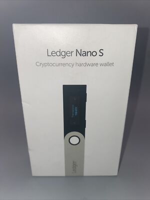 A Ledger Nano S retail box: a white box reading 'Ledger Nano S, Cryptocurrency hardware wallet', with a photo of the small device on the front